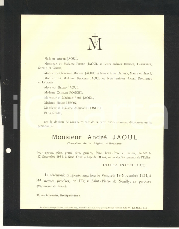 1954 NEUILLY-SUR-SEINE (F) Faire-part de deuil - André JAOUL