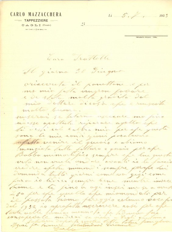 1933 CAGLI (PU) Tappezziere Carlo MAZZACCHERA - Lettera manoscritta