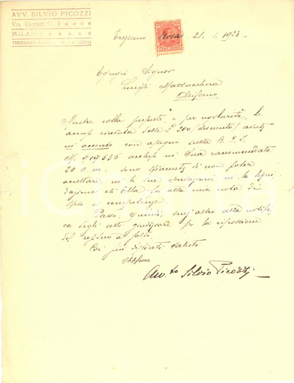 1923 TREZZANO ROSA (MI) Lettera avv. Silvio PICOZZI per onorari - Autografo