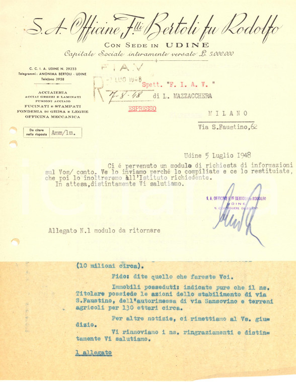 1948 UDINE Officine F.LLI BERTOLI fu Rodolfo - Lettera su carta intestata