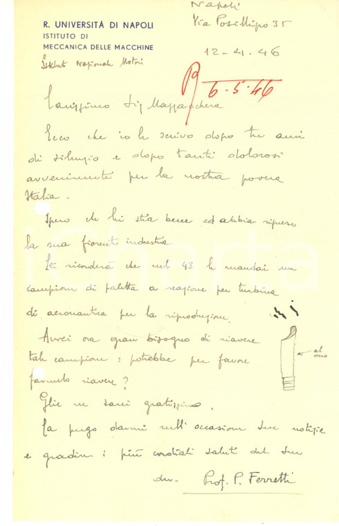 1946 Università NAPOLI - Lettera prof. Pericle FERRETTI per campione AUTOGRAFO