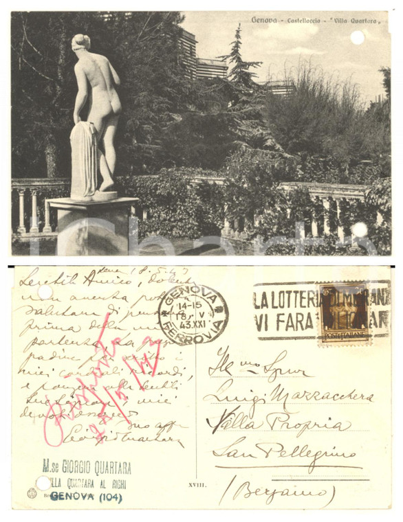 1943 GENOVA Marchese Giorgio QUARTARA - Cartolina Villa QUARTARA *AUTOGRAFO
