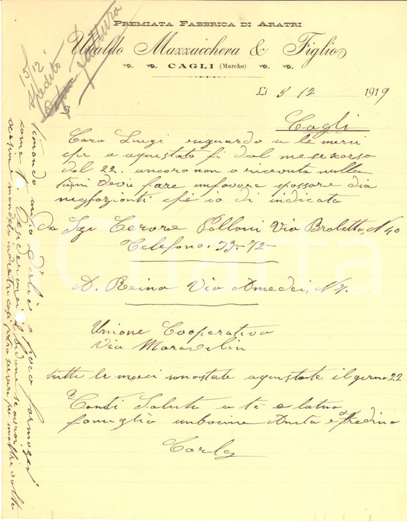 1919 CAGLI (PU) Ubaldo MAZZACCHERA Fabbrica di Aratri - Lettera manoscritta (2)