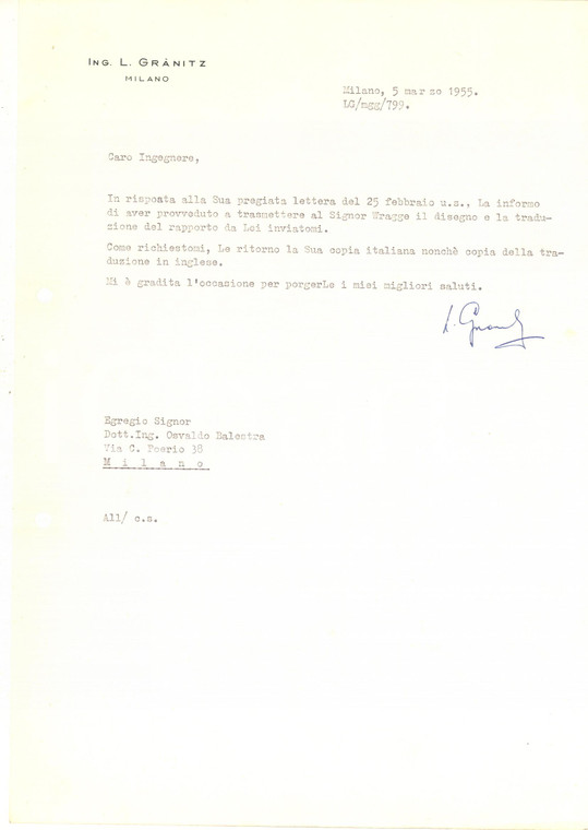 1955 MILANO Lettera ing. L. GRANITZ per rapporto - Autografo