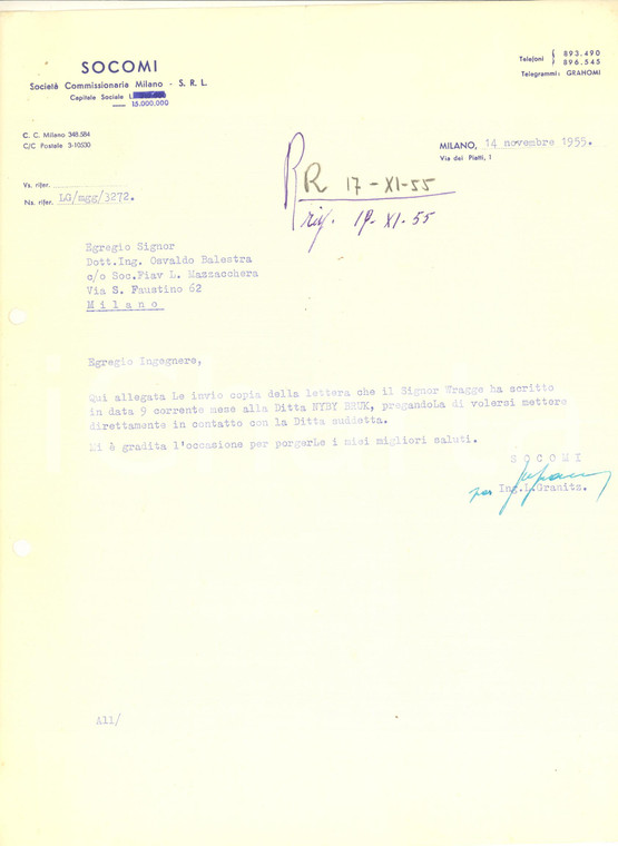 1955 MILANO SOCOMI Società Commissionaria Milano - Lettera su carta intestata