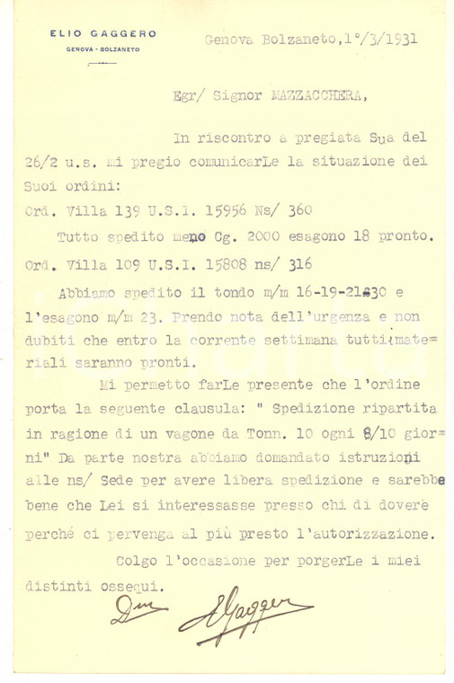 1931 GENOVA BOLZANETO Lettera Elio GAGGERO per invio merce *Autografo