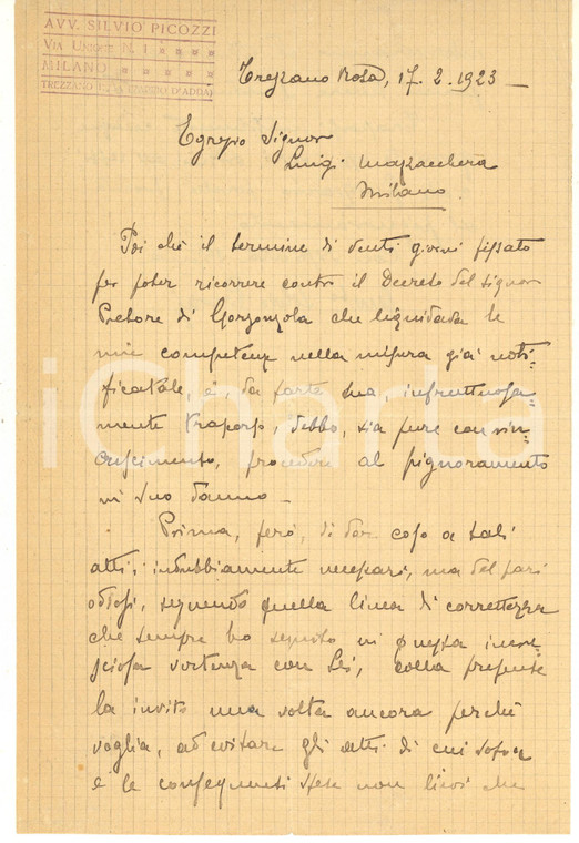 1923 TREZZANO ROSA (MI) Lettera avv. Silvio PICOZZI per una causa - Autografo