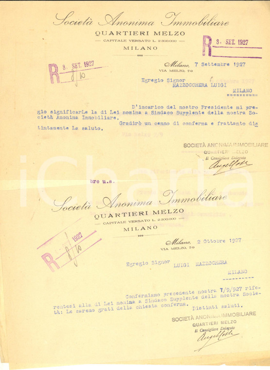 1927 MILANO Immobiliare QUARTIERI MELZO - Lettera nomina Sindaco Società