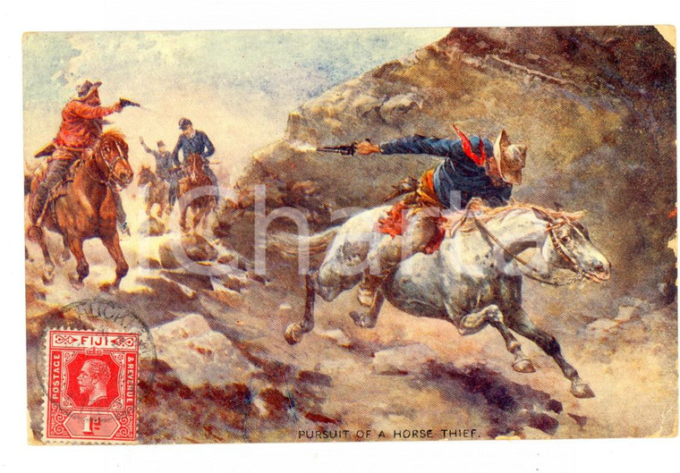 1914 OLD AMERICA Pursuit of a horse thief *Postcard VINTAGE ILLUSTRATED FP VG