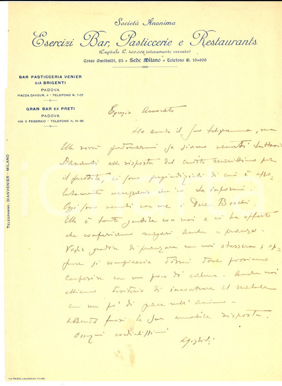 1925 ca PADOVA (?) Lettera Arturo GIGLIOLI su possibile prestito - Autografo