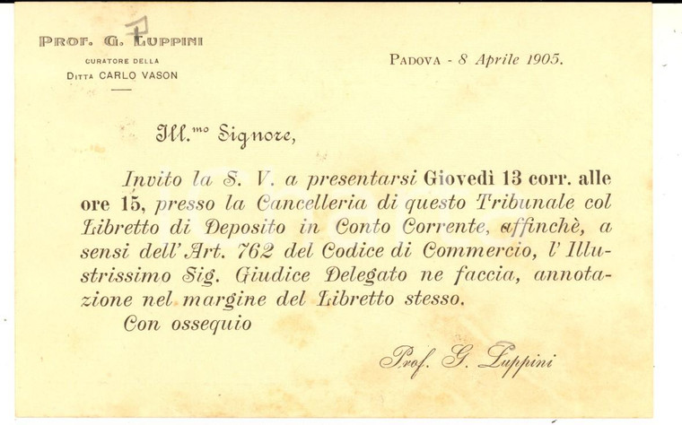 1905 PADOVA Biglietto invito prof. G. LUPPINI curatore ditta Carlo VASON