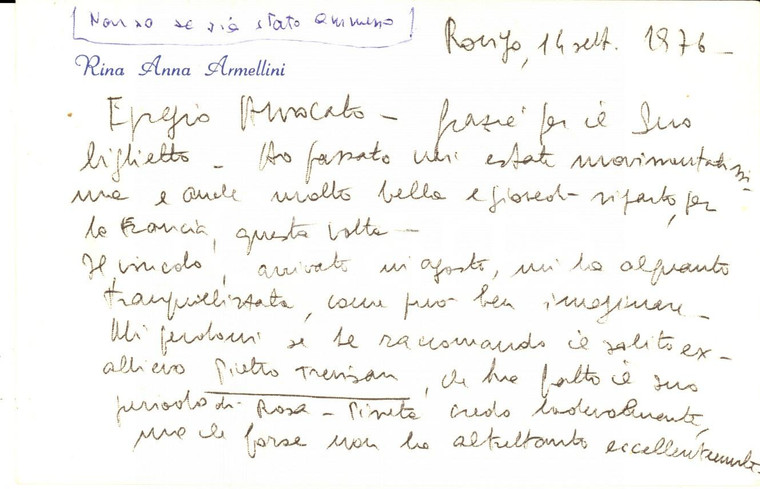 1976 ROVIGO Biglietto Rina Anna ARMELLINI a favore di un allievo - Autografo