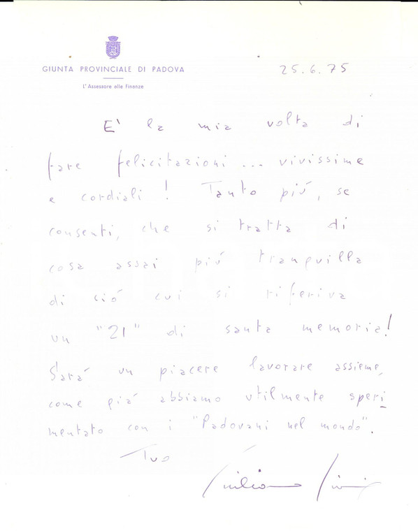 1975 PADOVA Lettera felicitazioni Giuliano GIORIO assessore - Autografo