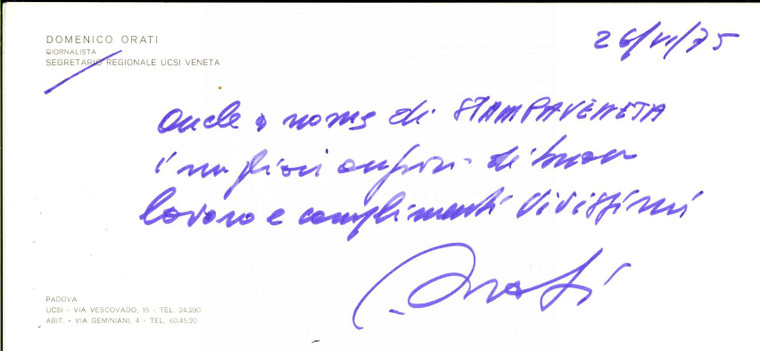 1975 PADOVA UCSI VENETA Biglietto auguri Domenico ORATI giornalista - Autografo