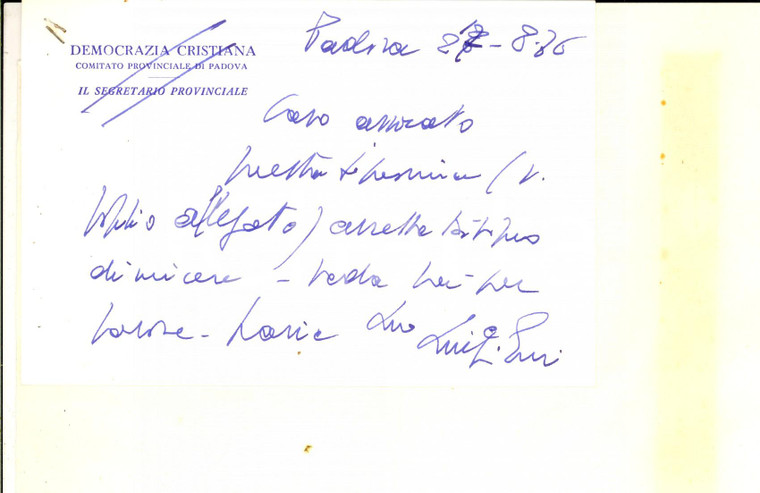 1976 PADOVA DEMOCRAZIA CRISTIANA Biglietto Luigi GUI segretario - Autografo