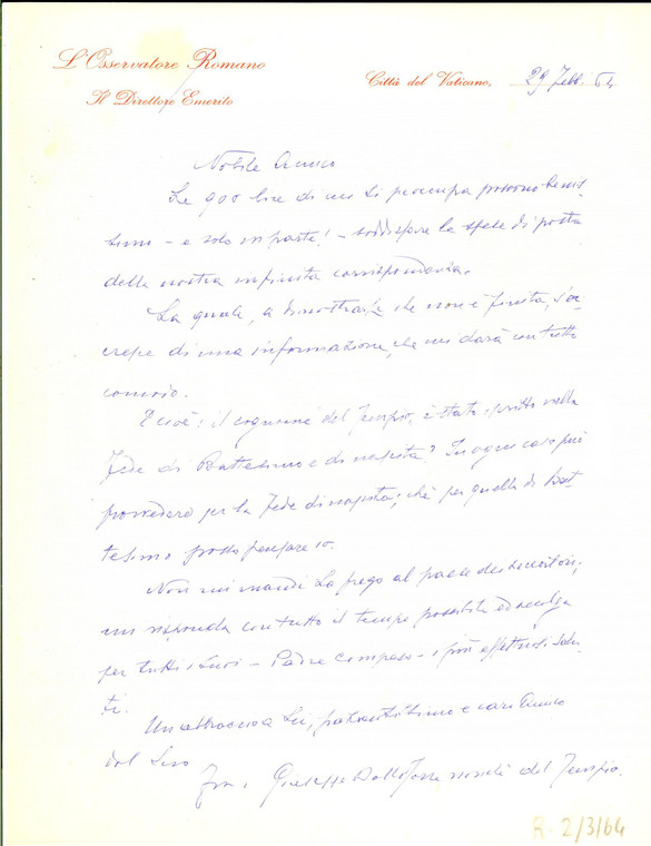 1964 ROMA L'OSSERVATORE ROMANO Lettera direttore Giuseppe DALLA TORRE Autografo
