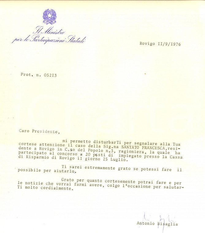 1976 ROVIGO Lettera ministro Antonio BISAGLIA  per raccomandazione - Autografo