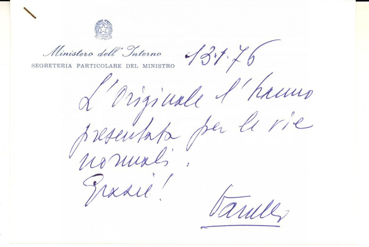 1975 ROMA Biglietto Vinicio VANELLI segretario ministro Interno - Autografo
