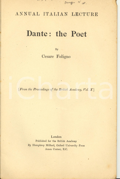 1921 Cesare FOLIGNO Dante: the Poet - OXFORD UNIVERSITY PRESS *Invio AUTOGRAFO