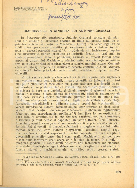 1955 Nina FAÇON Machiavelli in gindirea lui Antonio Gramsci - Invio AUTOGRAFO
