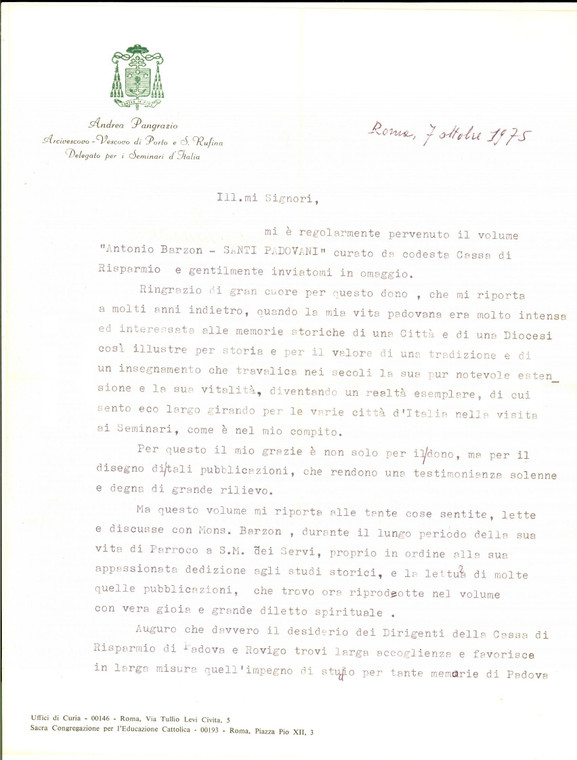 1975 ROMA Lettera mons. Andrea PANGRAZIO per ringraziamento - Autografo