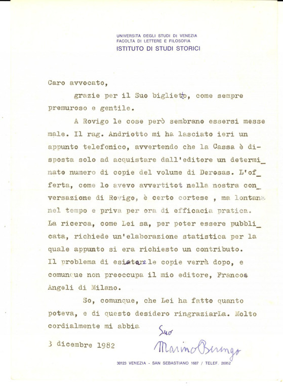 1982 VENEZIA Lettera di Marino BERENGO per acquisto volumi - Autografo