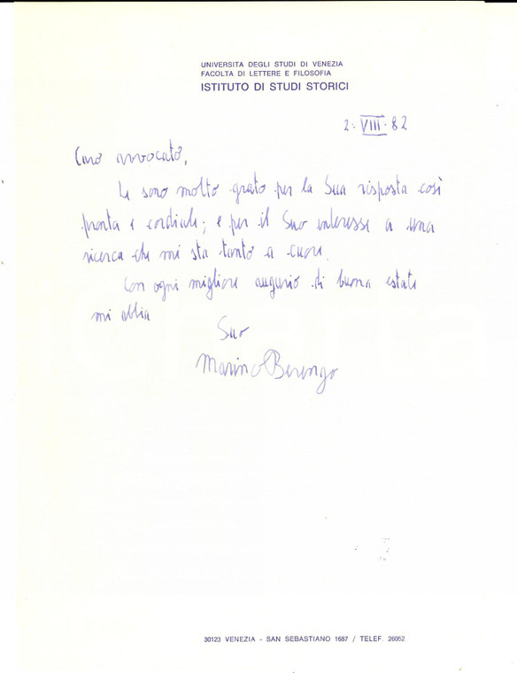 1982 VENEZIA Lettera di Marino BERENGO per ringraziamento - Autografo