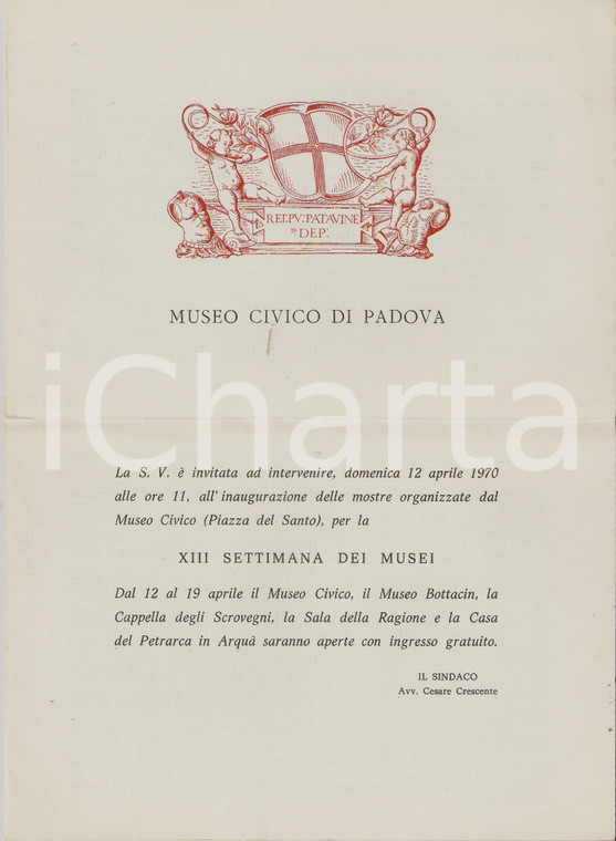 1970 PADOVA Museo civico - XIII Settimana dei musei *Invito inaugurazione mostre