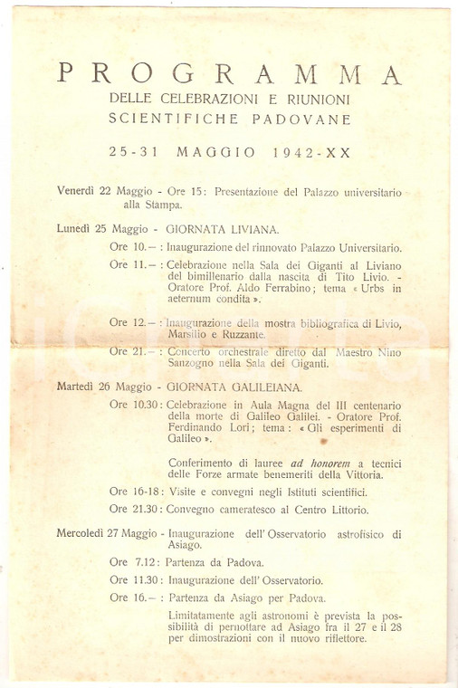 1942 PADOVA Programma delle celebrazioni e riunioni scientifiche padovane *14x22