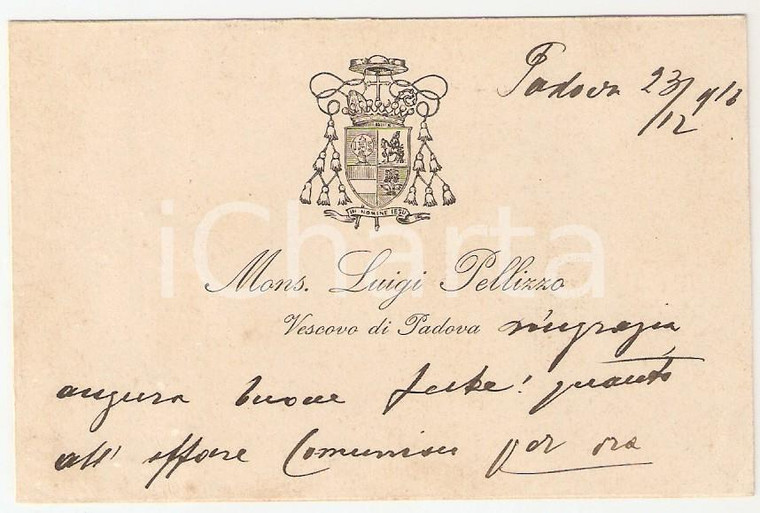 1916 PADOVA Monsignor Luigi PELLIZZO augura buon Natale *Biglietto autografo