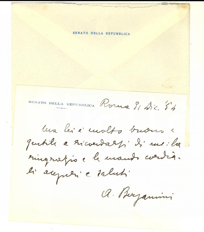 1954 ROMA Senatore Alberto BERGAMINI - Biglietto di ringraziamento *Autografo
