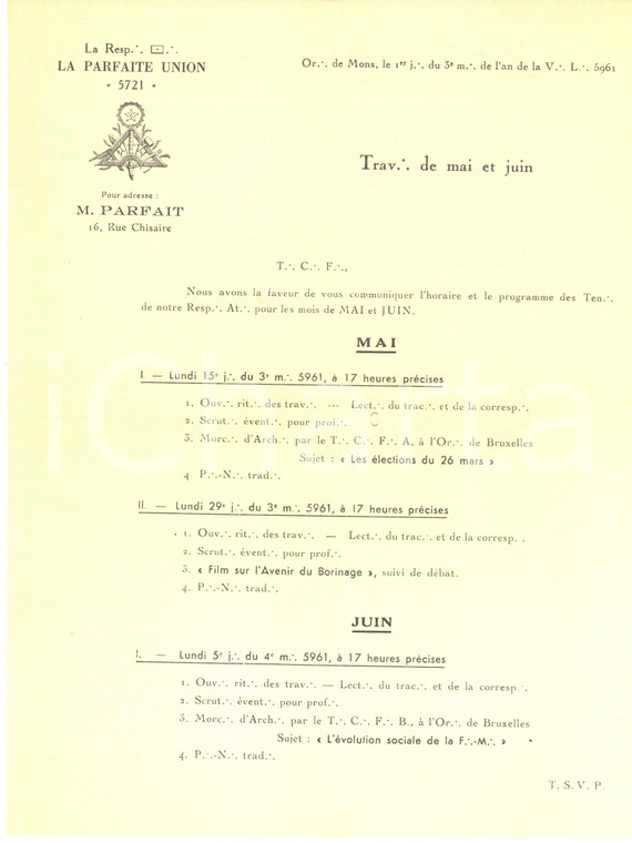 1910 ca MONS (BELGIQUE) Loge maçonnique rue Chisaire - Programme travaux