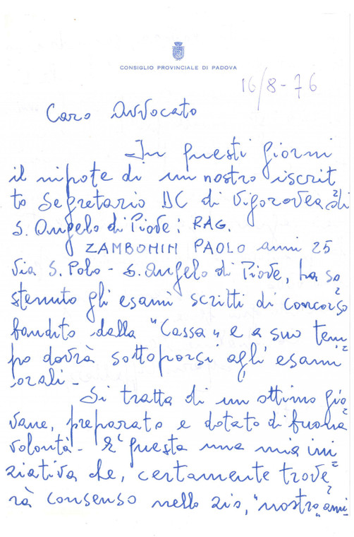 1976 PADOVA Consiglio Provinciale - Lettera Mario CAPPELLERI *AUTOGRAFO