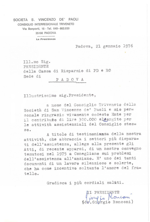 1976 PADOVA Lettera Giorgio RONCONI - Società S. VINCENZO DE' PAOLI *Autografo