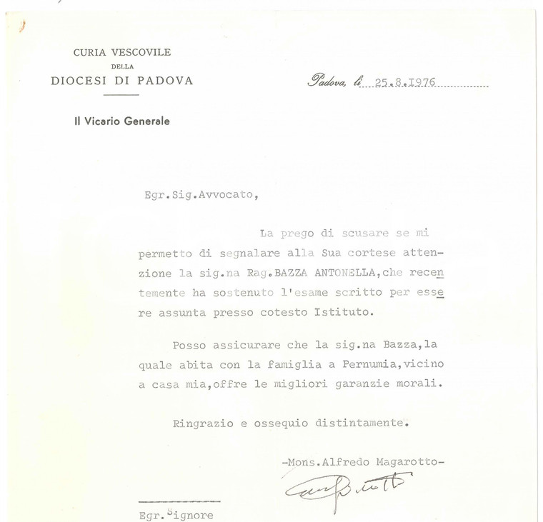 1976 PADOVA Lettera mons. Alfredo MAGAROTTO - Vicario generale - AUTOGRAFO