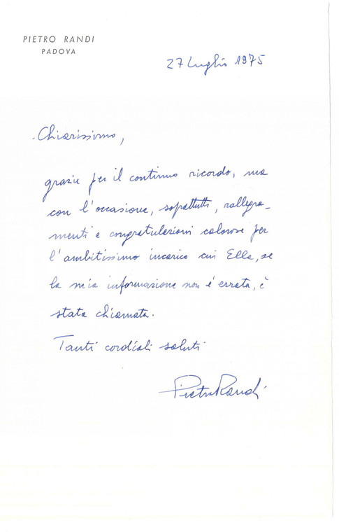 1975 PADOVA Libraio Pietro RANDI - Lettera congratulazioni *AUTOGRAFO