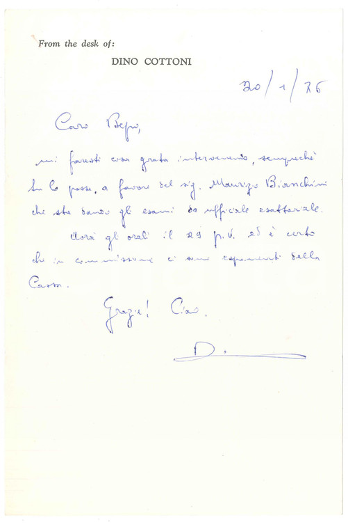 1976 PADOVA Lettera Dino COTTONI per raccomandazione *AUTOGRAFO