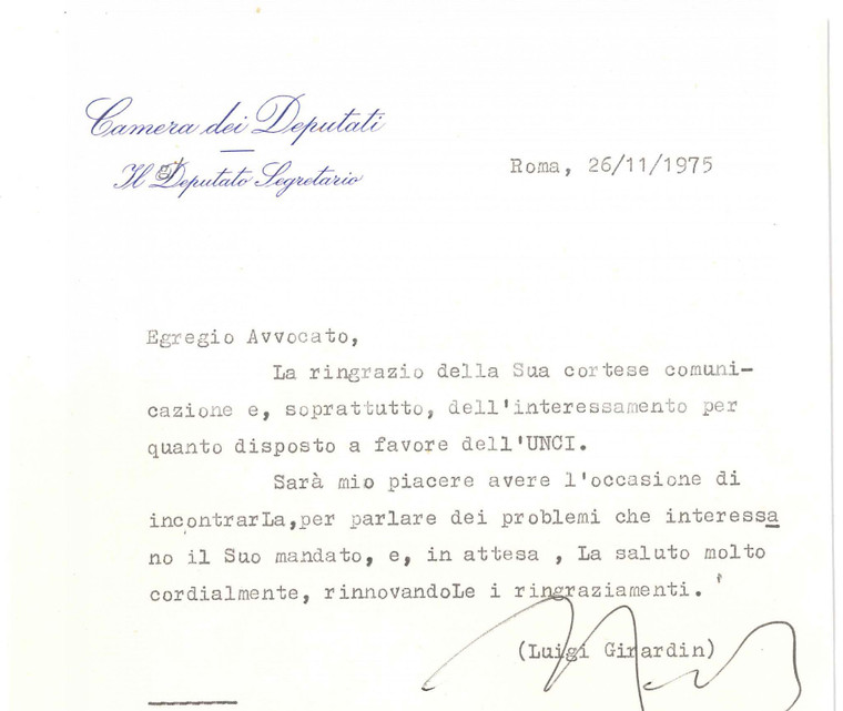 1975 ROMA Lettera on. Luigi GIRARDIN per ringraziamento - Autografo