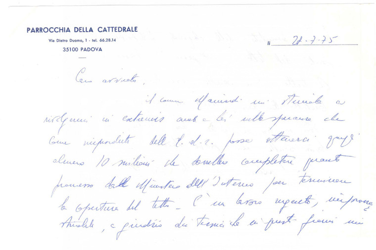 1975 PADOVA Parrocchia della Cattedrale - Lettera del parroco *AUTOGRAFO
