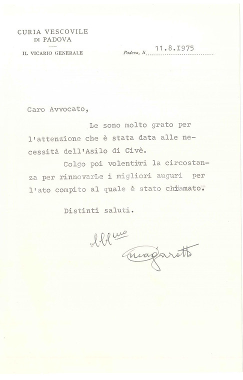 1975 PADOVA Lettera mons. Alfredo MAGAROTTO per ringraziamento - AUTOGRAFO