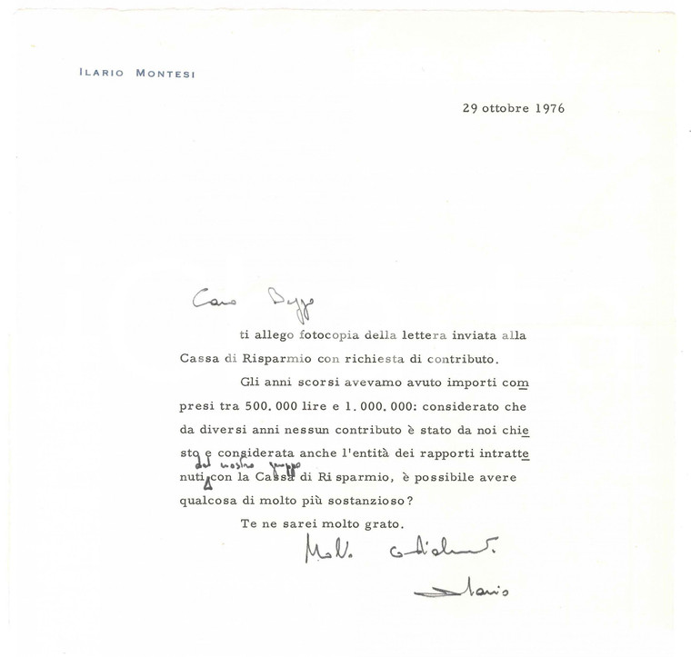 1976 PADOVA Lettera Ilario MONTESI per contributo - Autografo