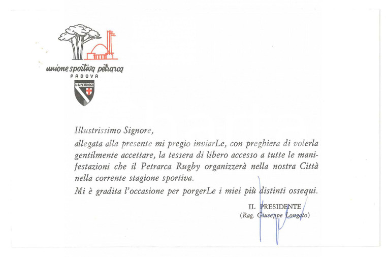 1975 UNIONE SPORTIVA PADOVA Biglietto presidente Giuseppe LONGATO - Autografo