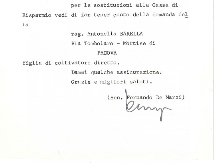 1976 PADOVA Lettera sen. Fernando DE MARZI per candidati - Autografo