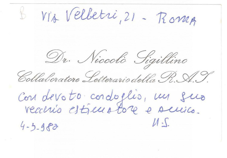 1980 ROMA Niccolò SIGILLINO Collaboratore letterario R.A.I. *Biglietto autografo