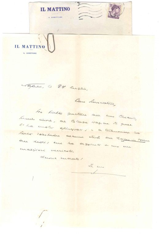 1959 NAPOLI IL MATTINO Direttore Giovanni ANSALDO - Sonetto Chianti - Lettera