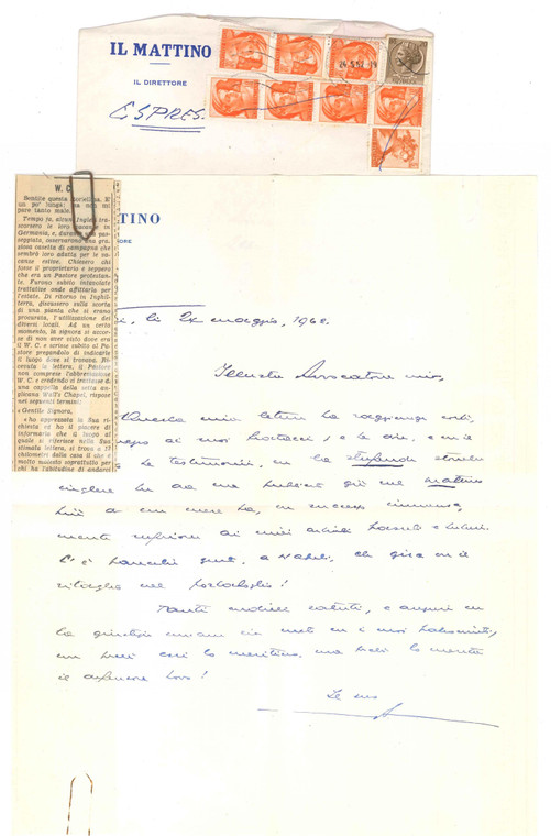 1962 NAPOLI IL MATTINO Direttore Giovanni ANSALDO - Lettera ritaglio AUTOGRAFO