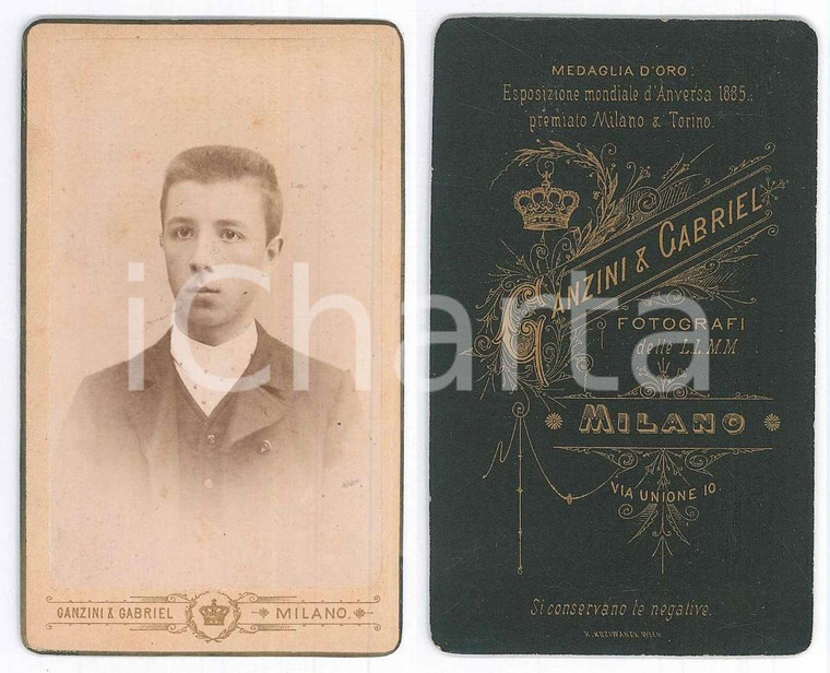 1890 ca MILANO Ritratto di giovane uomo - Busto - Foto GANZINI & GABRIEL CDV