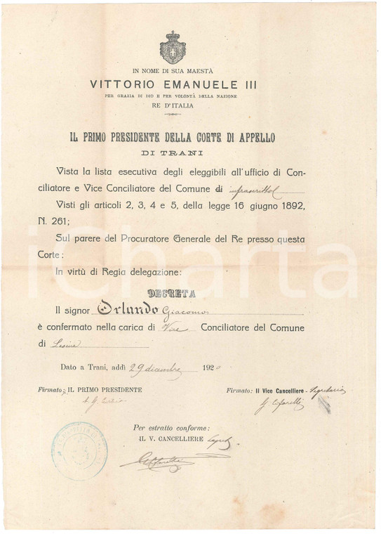 1920 LESINA (FG) Conferma Giacomo ORLANDO viceconciliatore del Comune