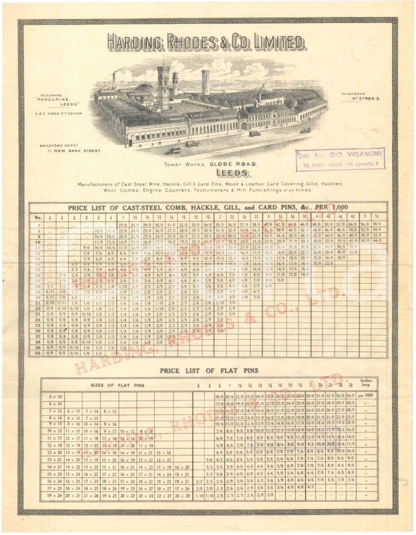 1910 ca LEEDS - HARDING RHODES & Co. - Price list flat pins cast-steel comb