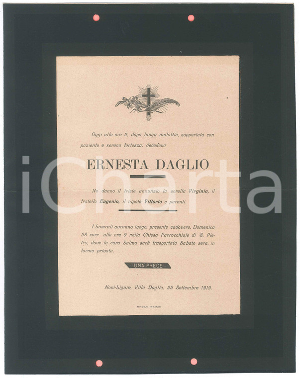 1919 NOVI LIGURE (AL) Manifestino lutto per Ernesta DAGLIO